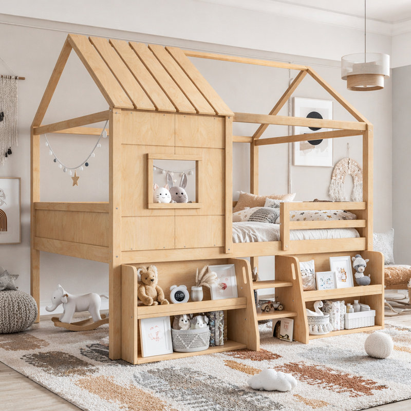 Lit mezzanine double avec tablettes de rangement et escaliers, Double, Naturel