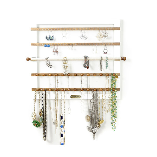 Wall Mounted Jewelry Organizer Holder With Shelf, Rustic Wood Jewelry Hanger  With Hooks and Bar, Jewelry Storage, Boho Decor, Gift for Her 