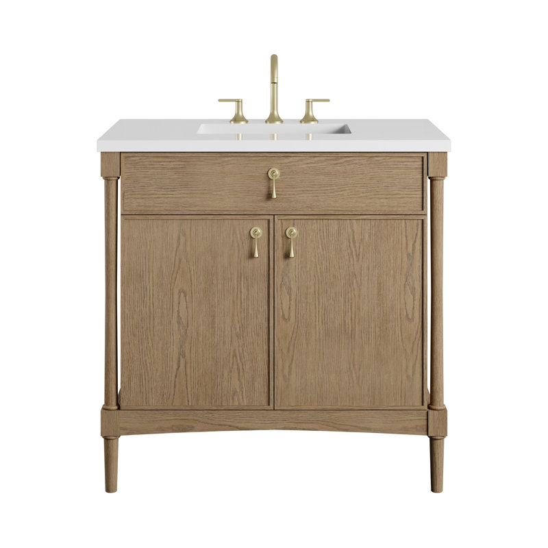 Kinnsden 36" W Single Vanity, White Zeus Silestone, 8" Widespread, Weathered Oak