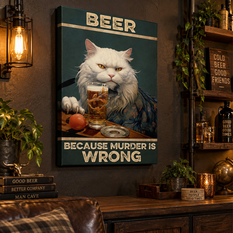 «Beer parce que Murder Is Wrong», art mural sur toile de chat persan blanc - décoration de salon, de chambre à coucher ou de bureau