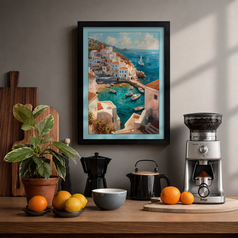 Mediterranean Clifftop Village Coastal - Framed Print, A2 - 59.4 x 42.0 cm, Black