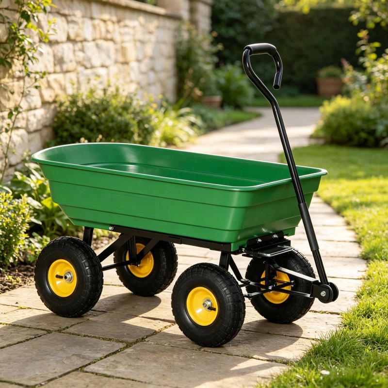 75L Heavy Duty Tipping Garden Dump Cart, 200kg Capacity Green 4-Wheel Trolley with Powder Coated Steel Frame & PP Tub, 4 Pneumatic Tyres for Grass, Soil & Pebble, for Plants, Logs, Tools & Festivals