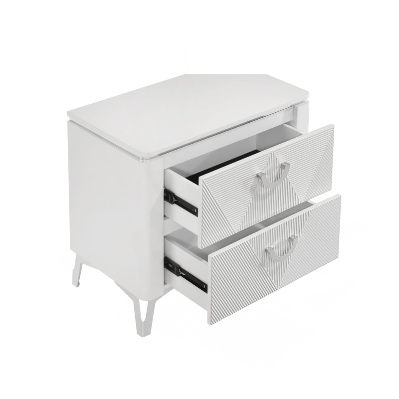 Table de chevet 2 tiroirs avec double port USB, blanc ultrabrillant