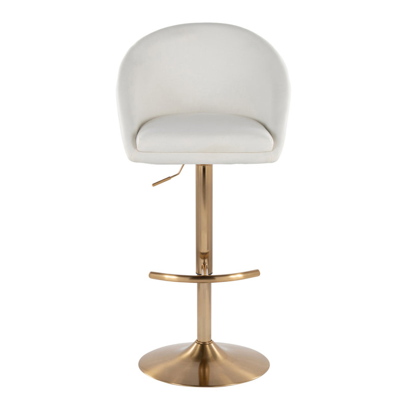 Tabouret de bar réglable Highback contemporain en métal doré et tissu crème avec repose-pieds arrondi en T - ensemble de 2