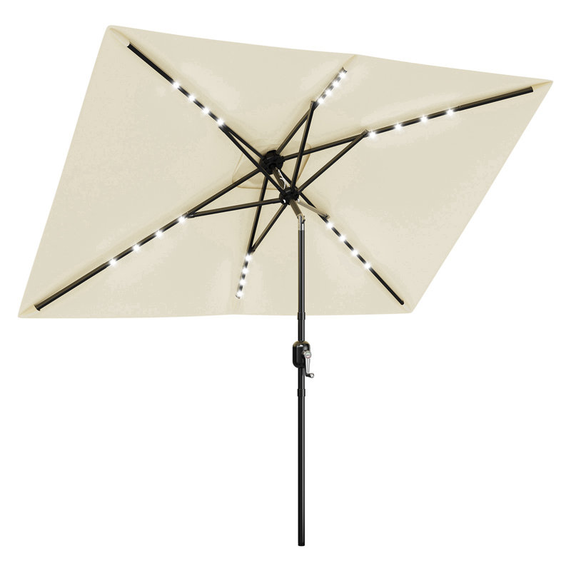 Parasol de marché solaire 10 pi x 6,5 pi à DEL avec manivelle et inclinaison à double sens, Blanc