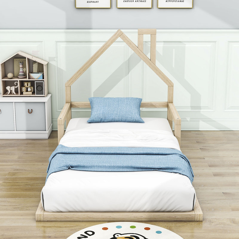 Vimbai Twin Size Wood House Bed with Slats Support, Natural