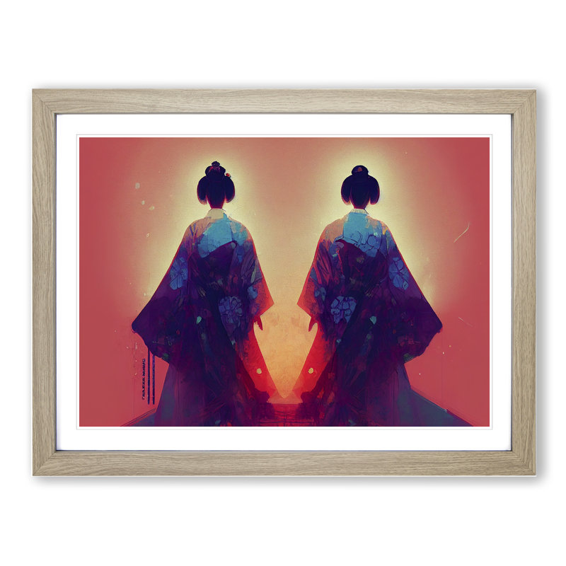 Two Geisha - Framed Print, 25cm H x 34cm W x 2cm D, Oak