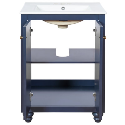 Meuble-lavabo moderne de 24 po avec motif elliptique orné et charnières à fermeture en douceur, armoire de salle de bain avec structure ouverte au dos, pieds tournés en boule avec élégance française