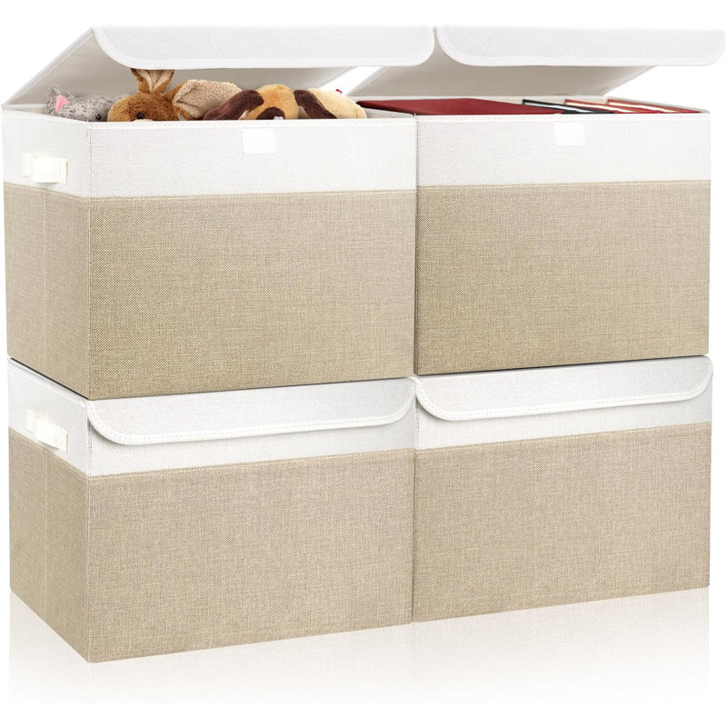 Set Of 4 Foldable 22 Qt Linen Storage Bins With Lids & Handles Beige White