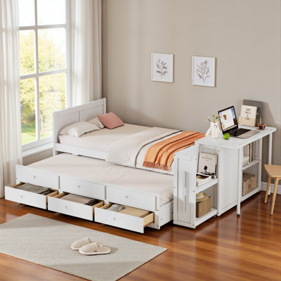 Twin Size Wood Platform Bed With Trundle And Storage