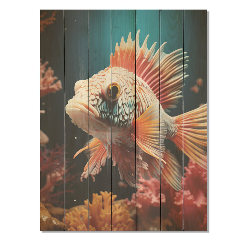 Papillon orange, corail, merveilles I - poisson papillon sur bois, H 32 po x l 24 po
