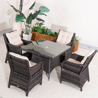 Ensemble repas pour 4 personnes en osier avec table carrée, coussins inclus