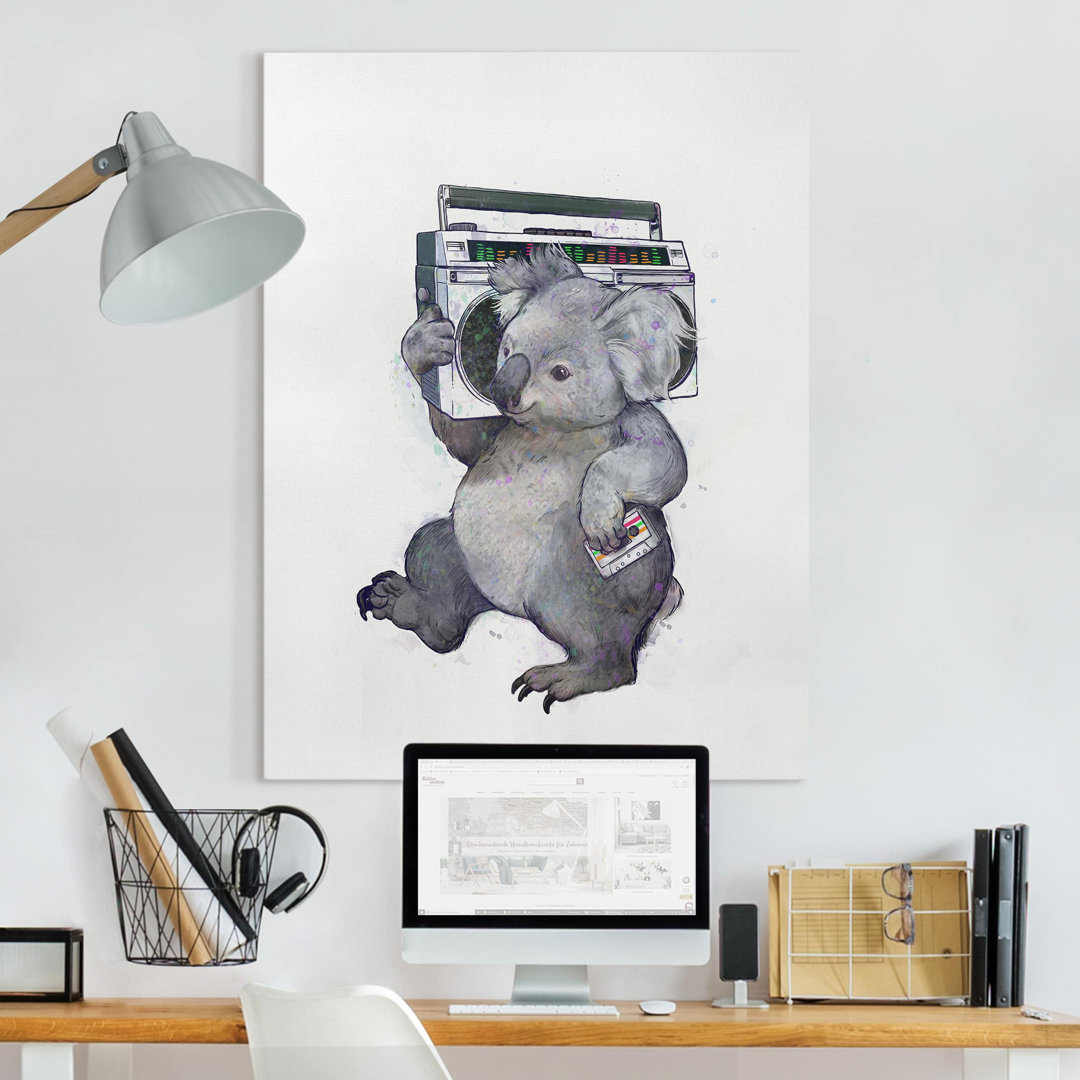 Leinwandbild Illustration Koala mit Radio von Laura Graves