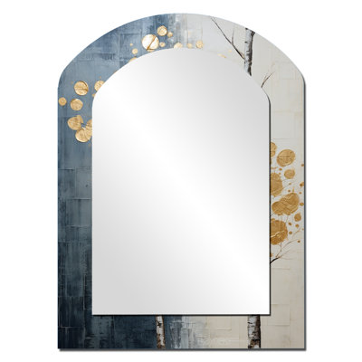 Minimalism Gold And Blue Trees Scene II - Trees Arch Unique Wall Mirror Decor, Beige Asymmetrical Large Mirror, Printed Metal Art