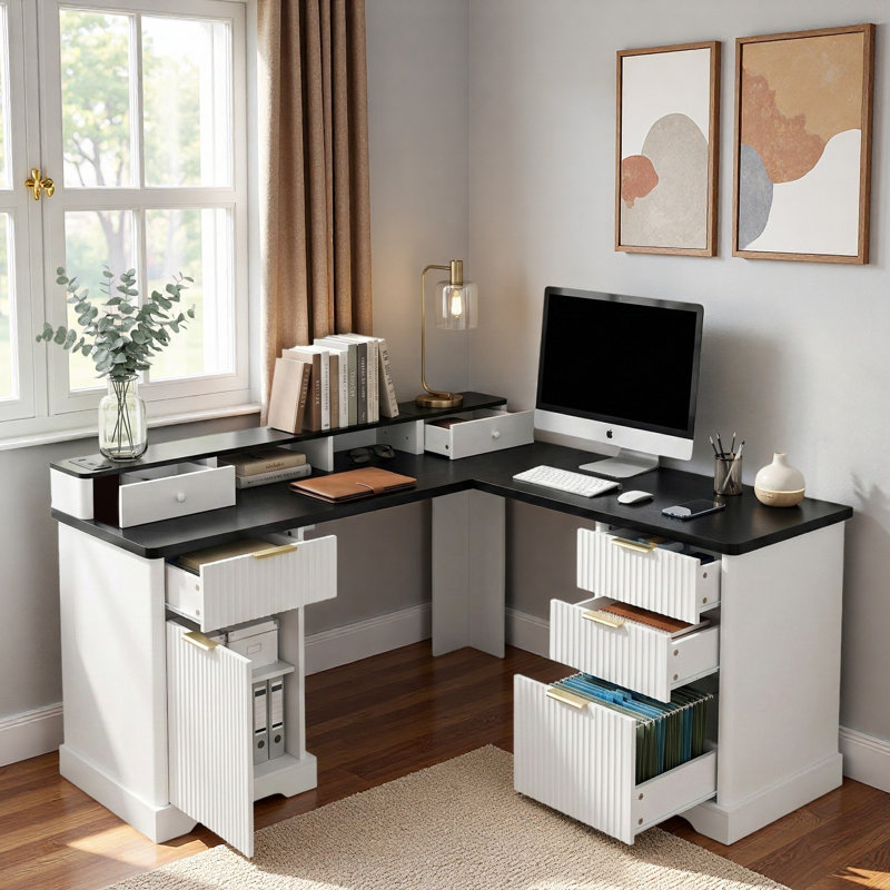 Modern Fluted L-shaped Desk With Charging Station, Storage Cabinet, Monitor Stand, File Drawer And Removable Support Shelf