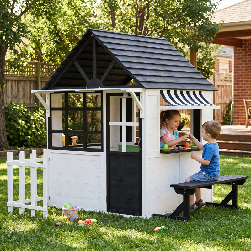 Wooden Playhouse For Kids Outdoor, Cottage Play House With Door, Windows, Fence, Bench, Service Station, Blackboard, Toys, For Kids 3-8 Years, White