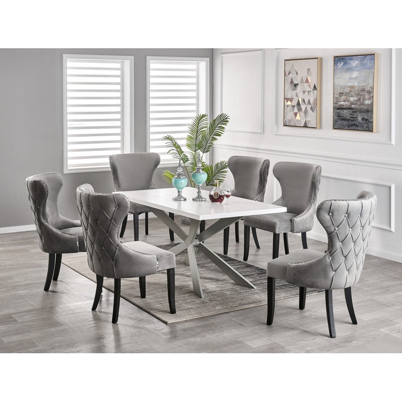 Devries Dining Set | a Dining Table & 6 Person Upholstered Dining Chairs, White, Grey, Dark Grey