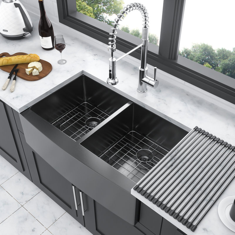 Évier en acier inoxydable noir 33 po x 21 po x 10 po - double cuve 50/50 16G avec fonction durable, Bronze industriel-noir