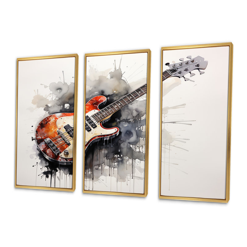 «Brown Charcoal Guitare», art mural musique, Cadre flottant doré, H 32 po x l 48 po
