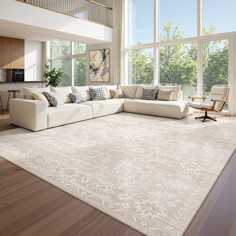 Machine Washable Floral Non Slip Indoor Area Rug, Rectangle 80 x 150cm, Beige