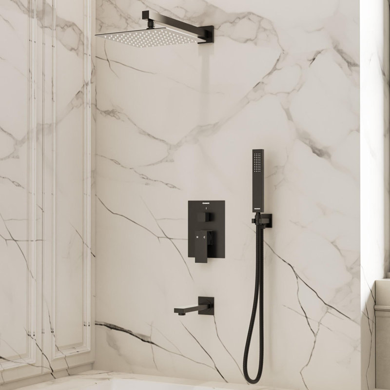 Crozet Tub and Shower Faucet with 10-inch Shower Head, 3-Spray Shower System Rough-in Pressure Balance Valve in Matte Black