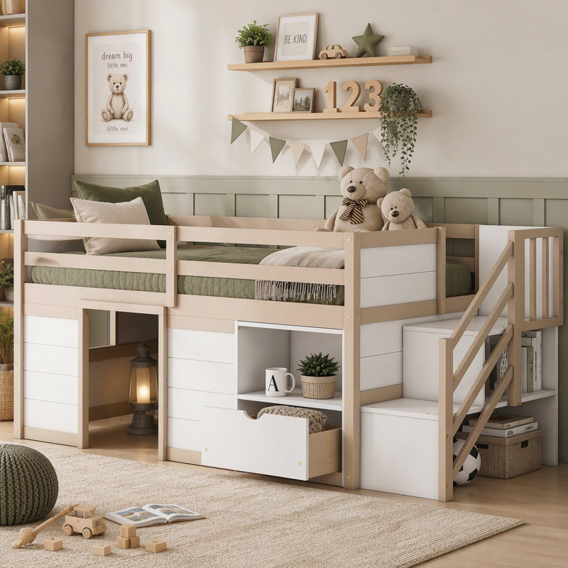 Lit mezzanine bas en bois massif avec rangement et lumières DEL, Twin, Cream,White