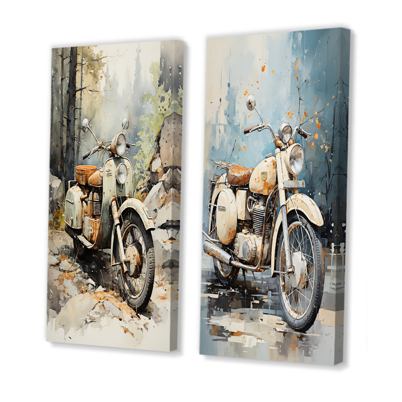 Scooter classique rétro - ensemble de 2 reproductions d'art mural, H 28 po x l 25 po, Toile tendue