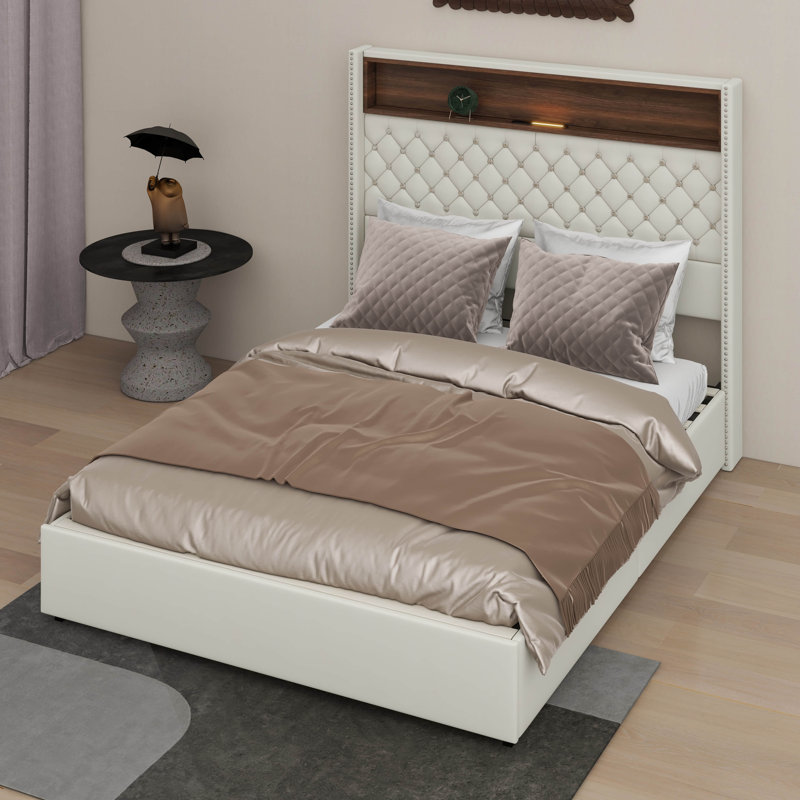 Structure de lit avec tête de lit capitonnée en velours et 52 po de hauteur, ports USB et tablette, lit plateforme à oreilles