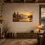 Tableau sur toile représentant un chalet au bord d'un lac, une cabane dorée dans la forêt et des eaux calmes, un paysage rustique et pittoresque, une décoration horizontale grand format pour le salon, la chambre ou le bureau, prêt à accrocher, 40 x 80 cm