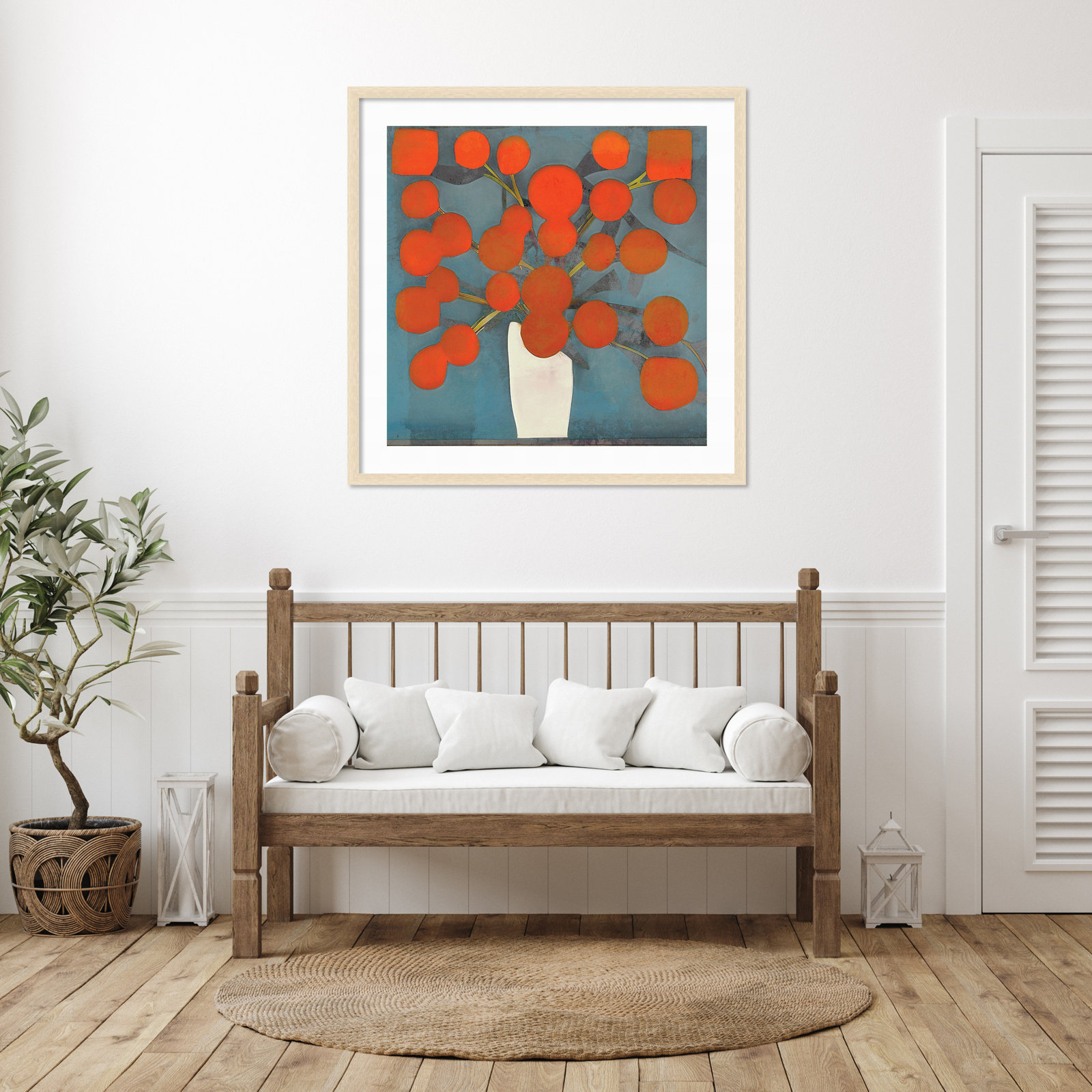 Abstract Orange Flowers by Elena Ray Wood Framed Wall Art Print, Natural, 42" H x 42" W