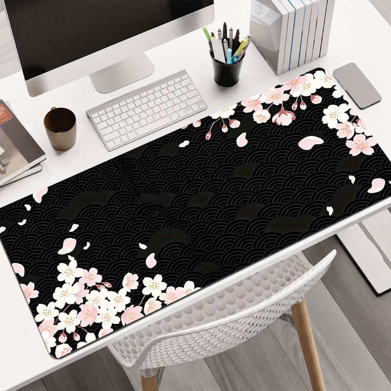  Rubber Mouse Pad, Smooth Microfiber Surface, Non-Slip Base, Rounded Edge Decorative Mouse Mat for Office & Gaming,12×32 Inch ,Pink Cherry Blossom Wave