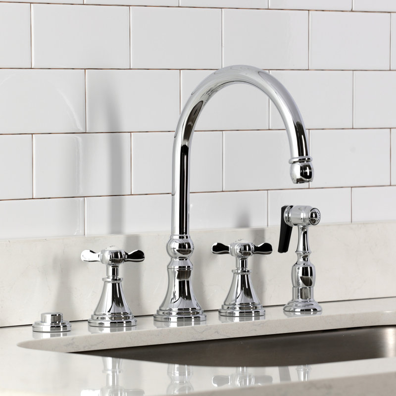 Kingston Brass Essex Double-Handle 4-Hole Widespread Kitchen Faucet With Brass Sprayer, Polished Chrome