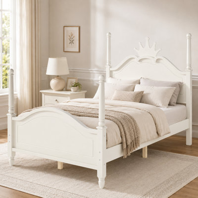 Burritt Full Size Crown-Shaped Four Poster Platform Bed, Curved Headboard with Ornamental Crown, Rounded Corner Posts, 400LB Capacity, Vintage Farmhouse Bedroom Furniture
