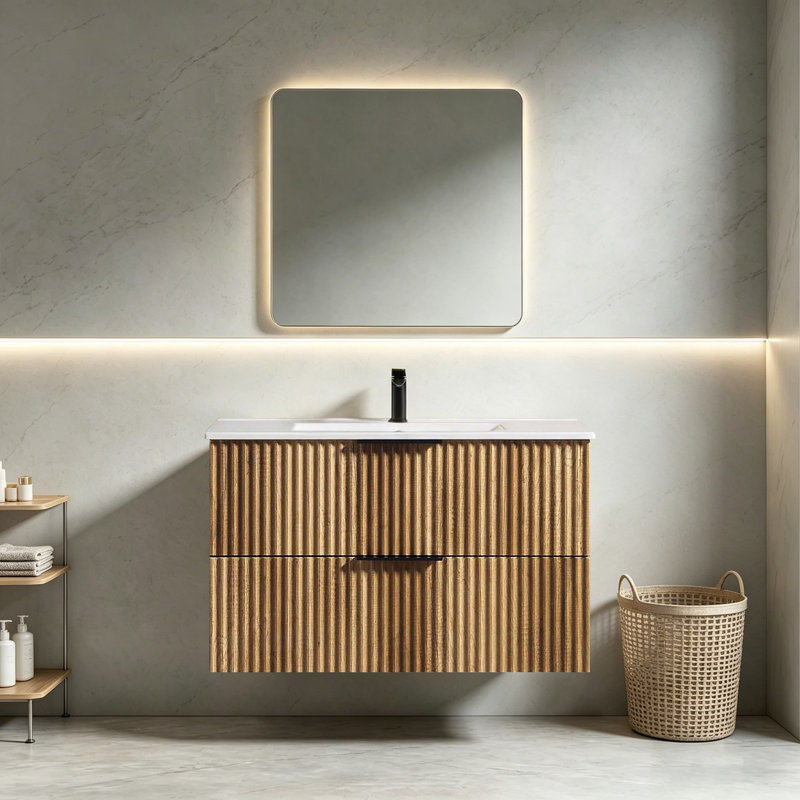 Meuble-lavabo mural 36 po avec panneau cannelé 3D et lavabo intégré en céramique, 36"