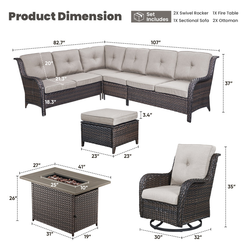 Ensemble de conversation modulaire en osier avec foyer d'extérieur, foyer, coussins et coussins Dahlyla, Brun, Beige