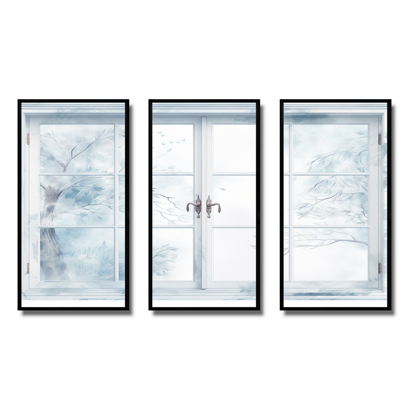 Frosty Winter Window View - Winter Landscape, art mural, H 28 po x l 36 po x P 1 po, Cadre flottant noir