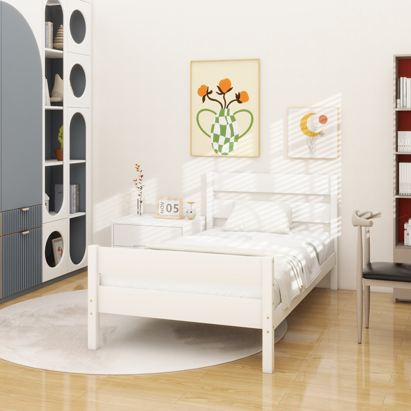 Lit simple avec tête et pied de lit, lit en bois d'hévéa, Blanc