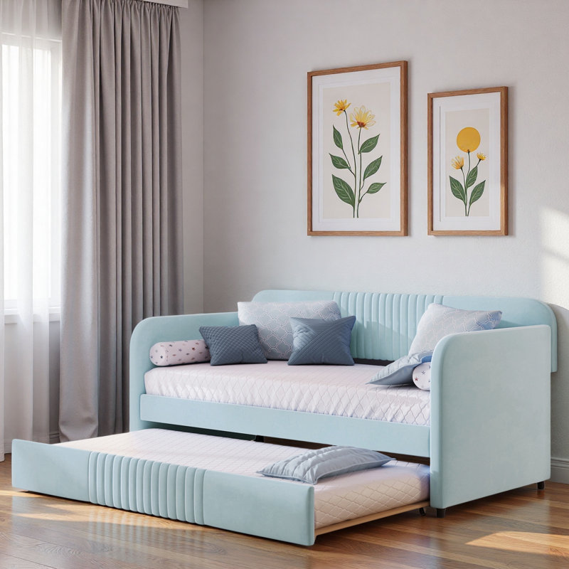 Upholstered Daybed With Trundle And Wood Slat, Light Blue