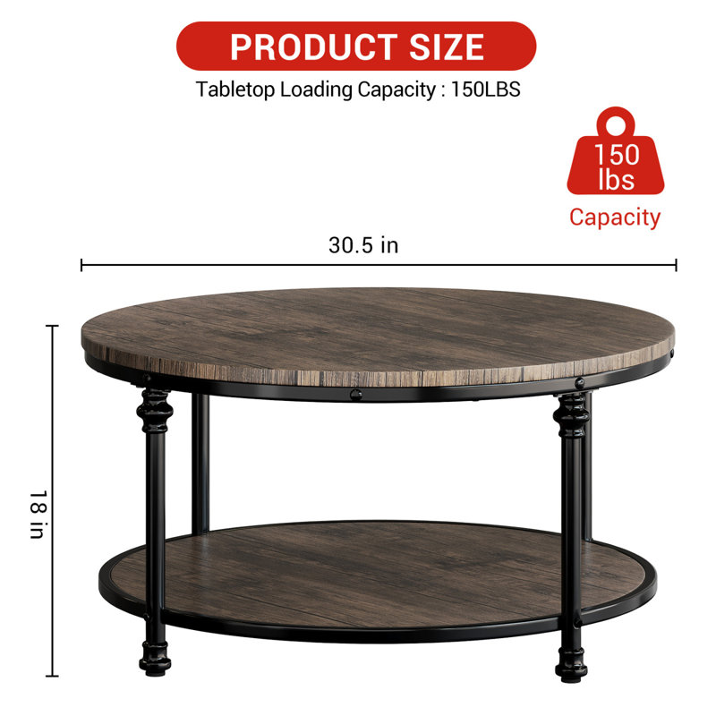 Table basse ronde à 2 niveaux 30 pouces avec tablette de rangement, Marron clair
