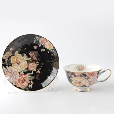 Midnight Rose Garden Teacup and Saucer, Set of 4