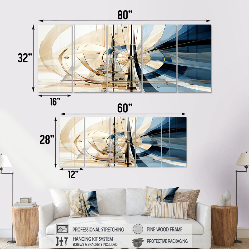 «White and Blue Contemporary Harbor Forms - Abstract Shapes», art mural 5 pièces, H 28 po x l 60 po