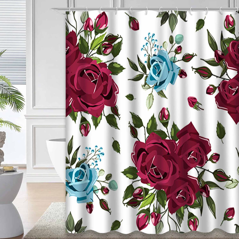 Rideau de douche sans couture à motif floral bourgogne et bleu sarcelle avec 12 crochets, L 72 po x l 84 po