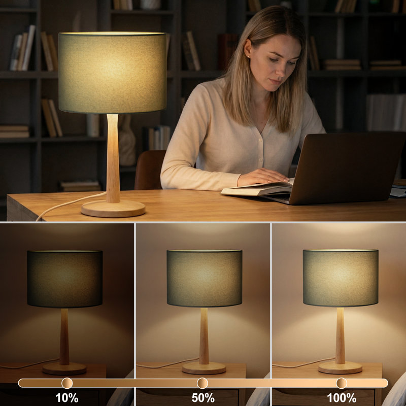 16.3" Mid-Century Dimmable Table Lamp with Green Linen Fabric Shade, Natural Rubberwood Base and E26 Lamp Holder, cULus Certified for Bedroom Nightstands, Living Room Side Tables or Home Offices Desks