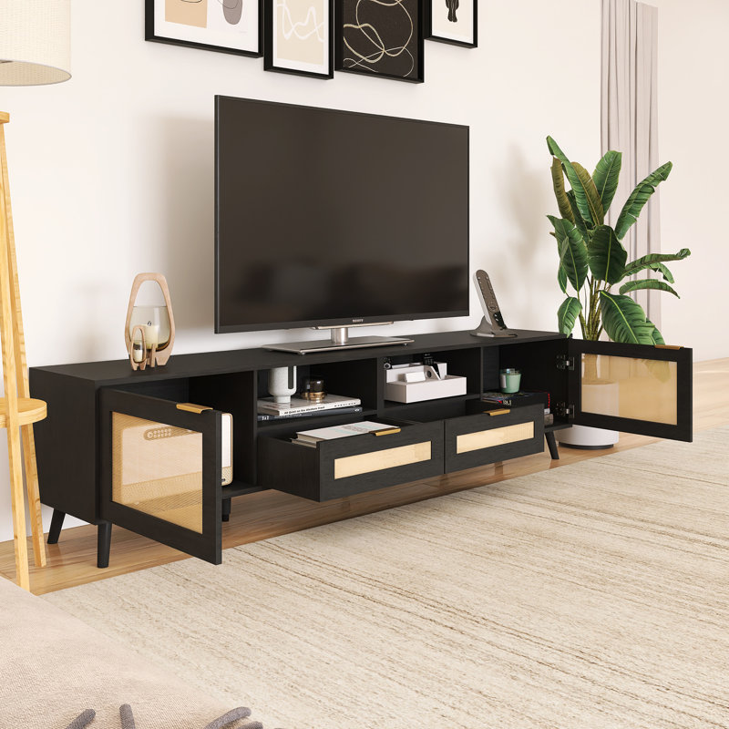 Solid Wood Legs Modern TV Stand Fits Tvs Up To 70 To 79 In., Black