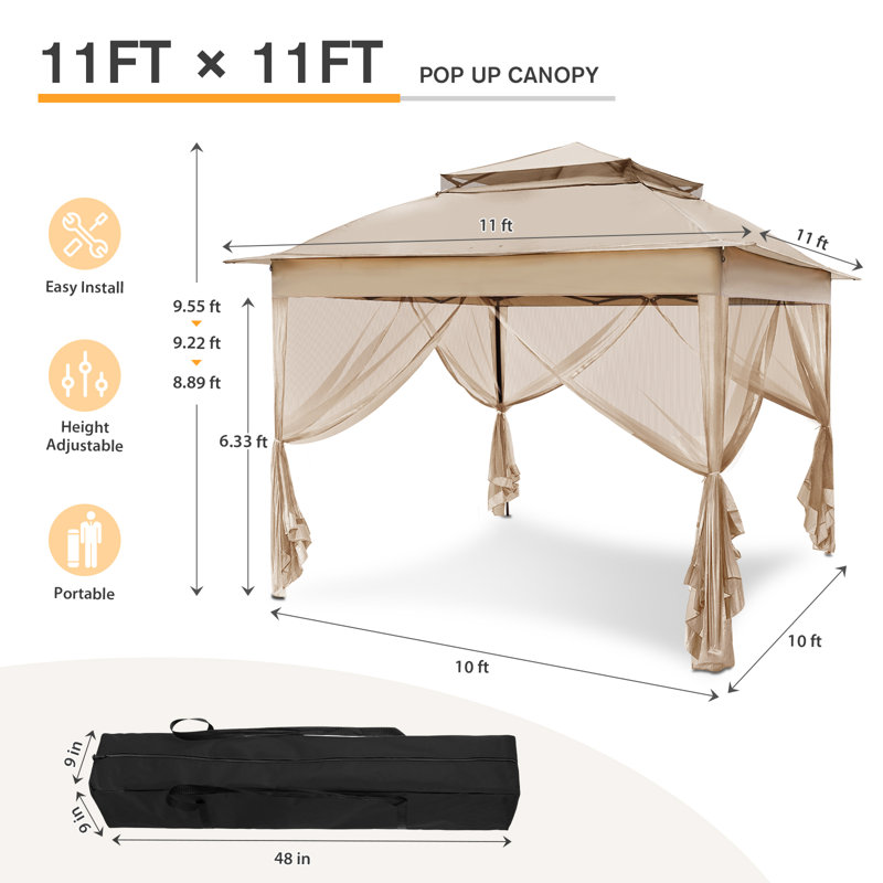 11 Ft. W x 11 Ft. D Outdoor Pop Up Soft Top Steel Patio Gazebo with Netting, Khaki