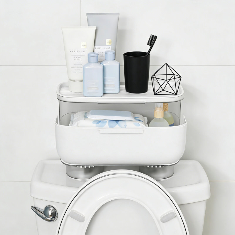 Organisateur d'armoire de réservoir de toilette dissimulé avec ventouses verrouillables, plateau amovible et rangement caché pour papier hygiénique, lingettes et articles essentiels pour la salle de bain