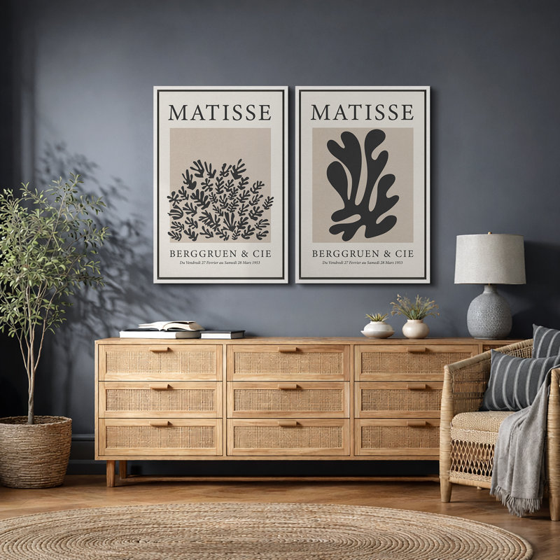 Classical Artwork "Henri Matisse, art botanique noir moderne, images murales neutres modernes, impression sur toile encadrée, ensemble de 2 pièces d'art mural" 16 x 24 x 2, 24 x 36 x 2