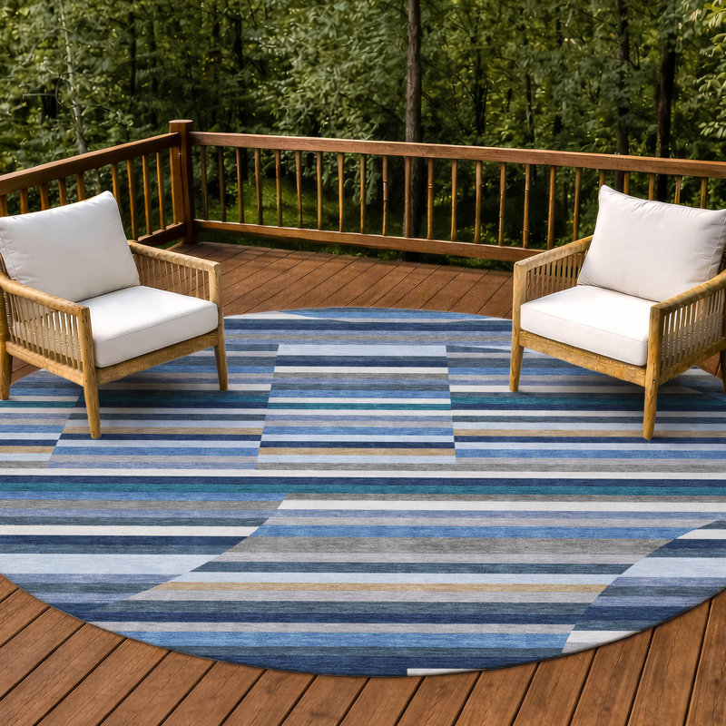 Machine Washable Indoor/Outdoor Chantille ACN2600 Stripes Rug, 8' Round, Navy