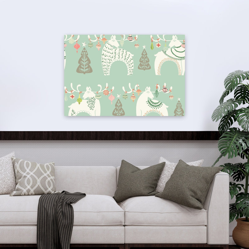 Festive Nordic Reindeer Abstract Deer Winter Landscape Wall Art Print 1 Piece Wrapped Canvas Wall Art, 81.28cm H x 121.92cm W