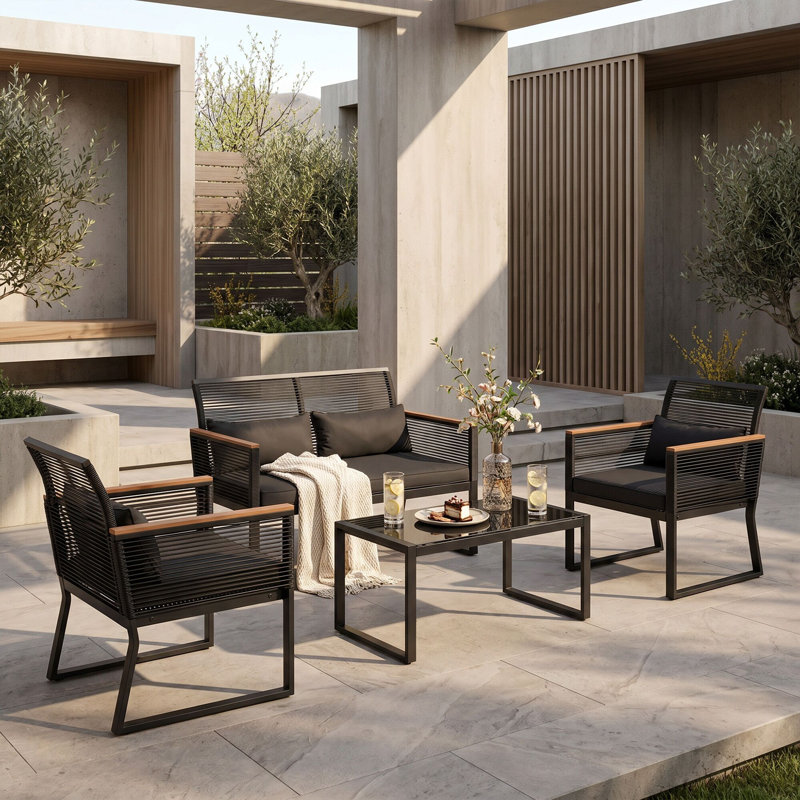 4-Person PE Wicker Outdoor Seating Group, Black